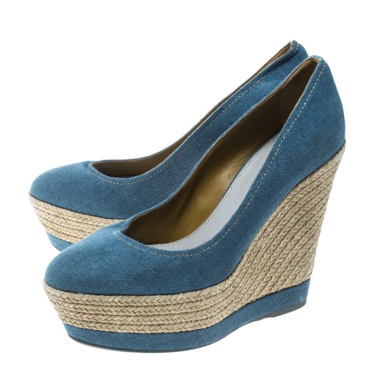 Pre Owned Sergio Rossi Blue Canvas Platform Espadrille Wedge Sandals Size 36