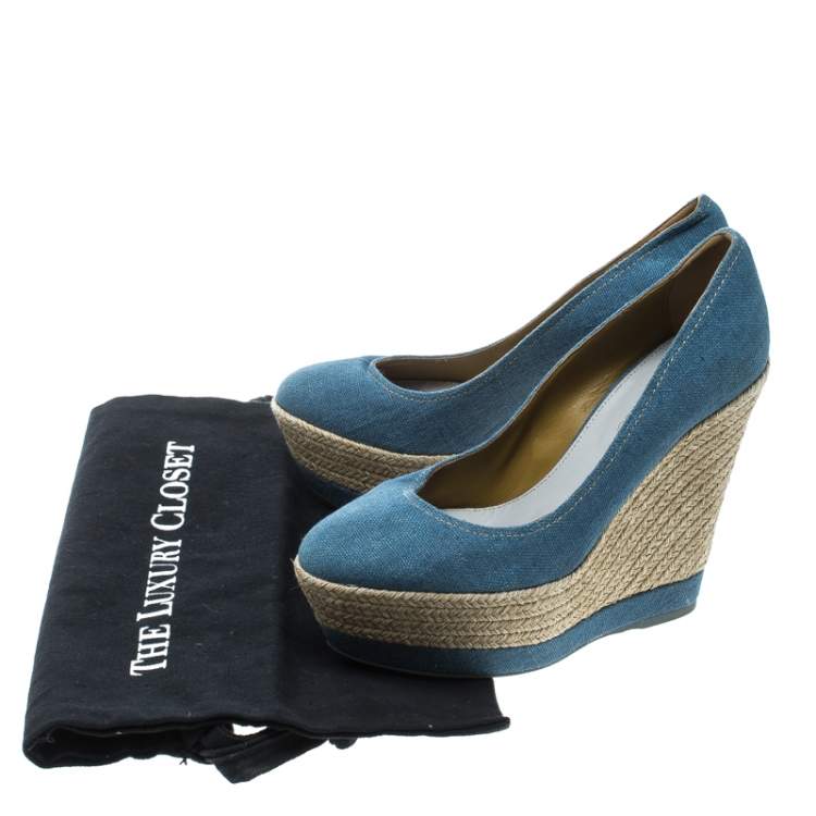 Pre Owned Sergio Rossi Blue Canvas Platform Espadrille Wedge Sandals Size 36
