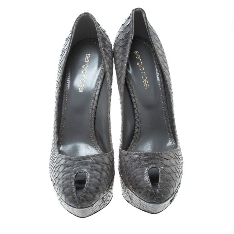 Pre Owned Sergio Rossi Grey Python Peep Toe Platform Pumps Size 36.5