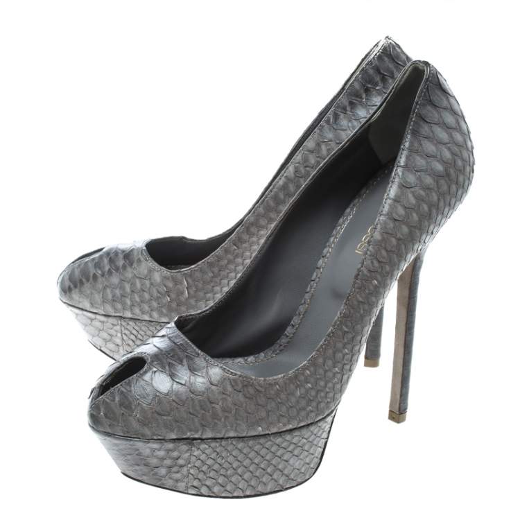 Pre Owned Sergio Rossi Grey Python Peep Toe Platform Pumps Size 36.5