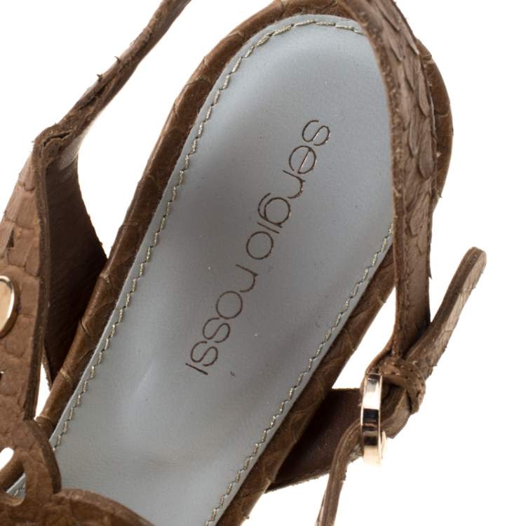 Pre Owned Sergio Rossi Brown Python Studded T Strap Sandals Size 36.5