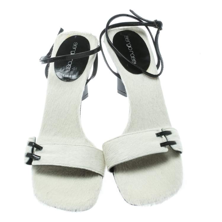 Pre Owned Sergio Rossi White Pony Hair Ankle Wrap Sandals Size 38.5