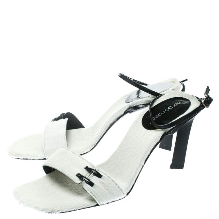 Pre Owned Sergio Rossi White Pony Hair Ankle Wrap Sandals Size 38.5