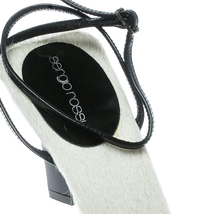 Pre Owned Sergio Rossi White Pony Hair Ankle Wrap Sandals Size 38.5