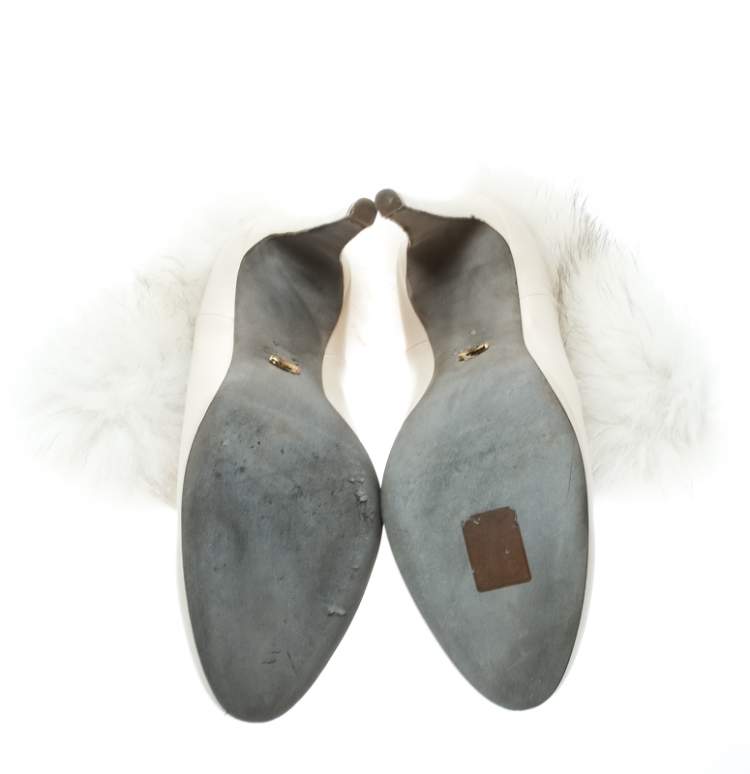 Pre Owned Sergio Rossi Cream Leather With Fur Trim Ankle Boots Size 40.5