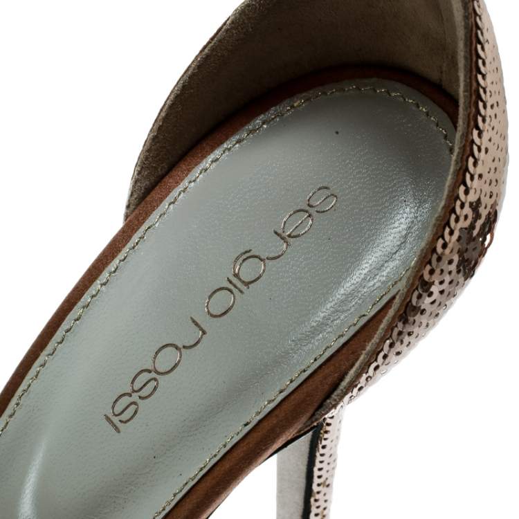مملوكة مسبقًا Sergio Rossi Brown Sequin Embellished Ankle Strap Platform Sandals Size 39.5