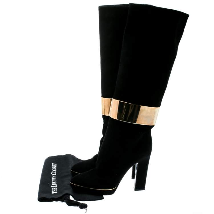 Pre Owned Sergio Rossi Black Suede Metal Cuff Boots Size 40.5