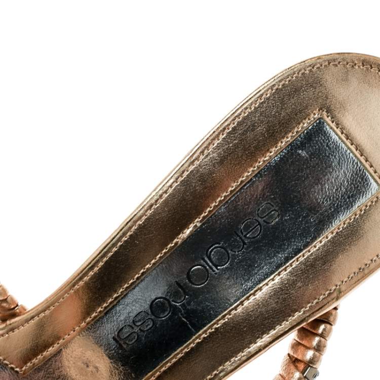 Pre Owned Sergio Rossi Metallic Gold Leather Crystal Embellished Cross Over Open Toe Sandals Size 35