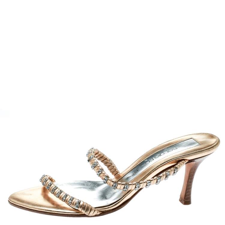 Pre Owned Sergio Rossi Metallic Gold Leather Crystal Embellished Cross Over Open Toe Sandals Size 35