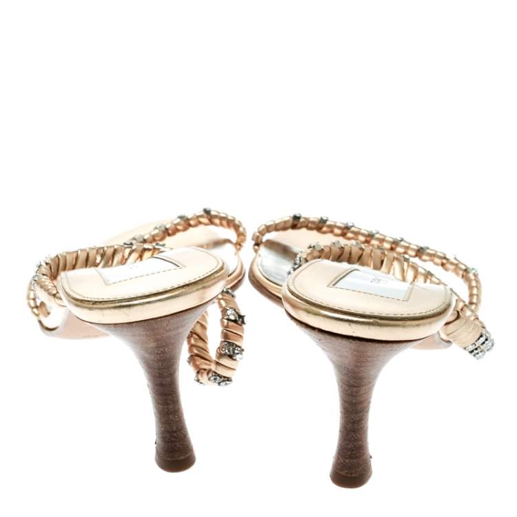Pre Owned Sergio Rossi Metallic Gold Leather Crystal Embellished Cross Over Open Toe Sandals Size 35