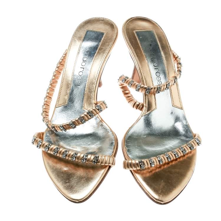 Pre Owned Sergio Rossi Metallic Gold Leather Crystal Embellished Cross Over Open Toe Sandals Size 35