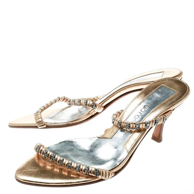 Pre Owned Sergio Rossi Metallic Gold Leather Crystal Embellished Cross Over Open Toe Sandals Size 35