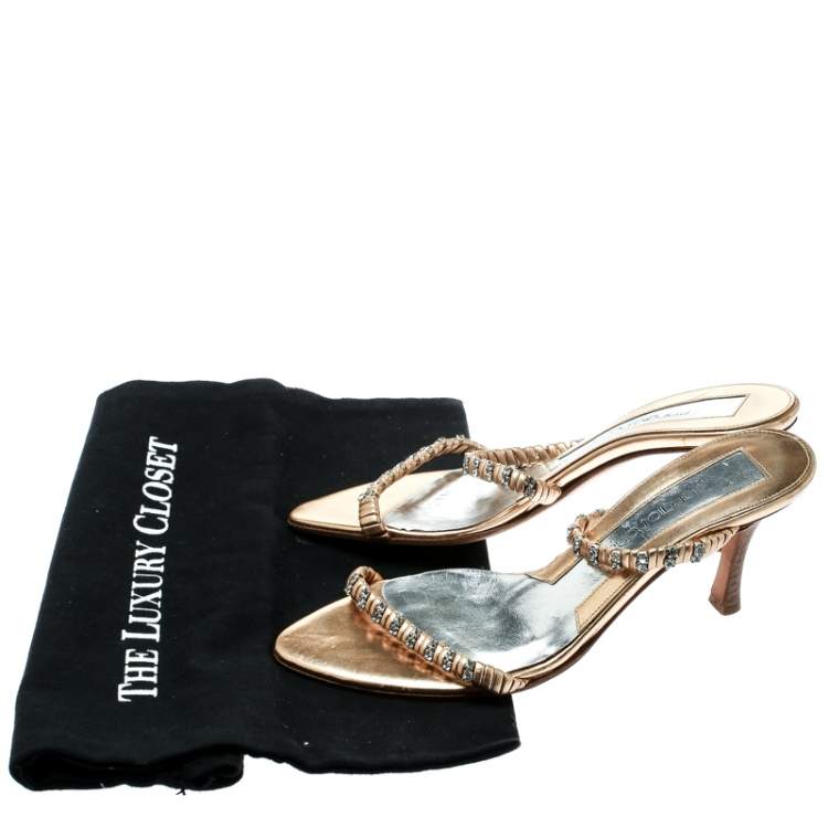 Pre Owned Sergio Rossi Metallic Gold Leather Crystal Embellished Cross Over Open Toe Sandals Size 35