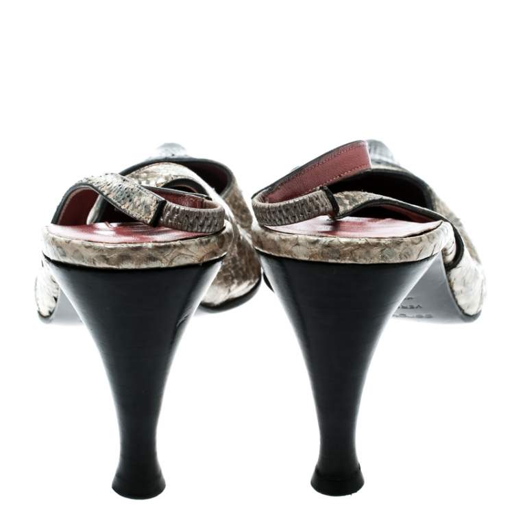 مملوكة مسبقًا Sergio Rossi Beige/Black Pearl Finish Python Slingback Pointed Toe Sandals Size 39