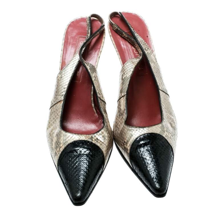 مملوكة مسبقًا Sergio Rossi Beige/Black Pearl Finish Python Slingback Pointed Toe Sandals Size 39