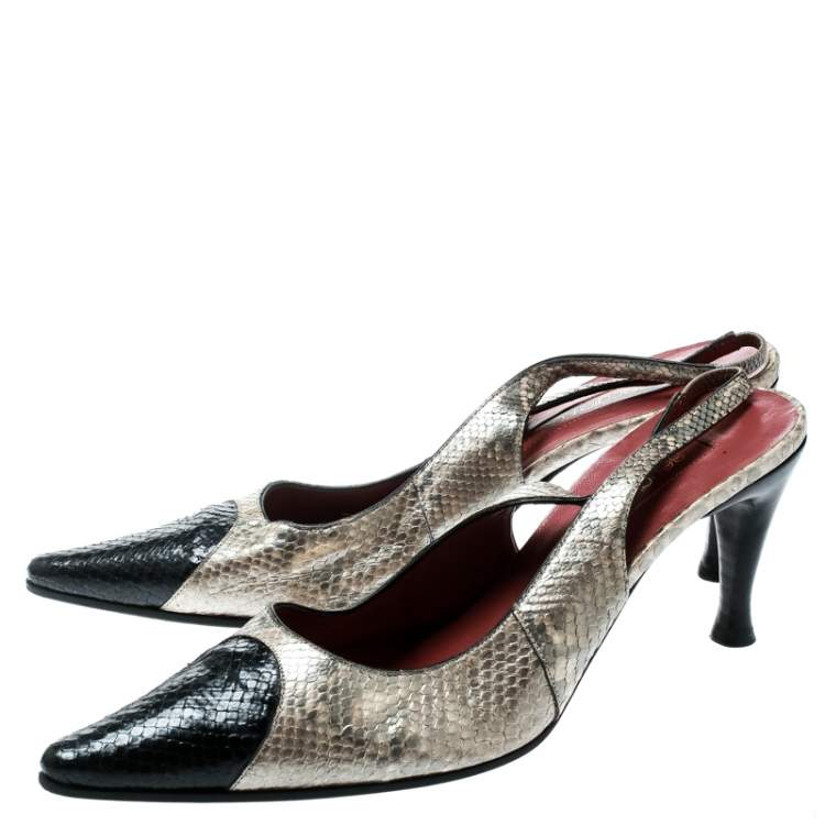 مملوكة مسبقًا Sergio Rossi Beige/Black Pearl Finish Python Slingback Pointed Toe Sandals Size 39