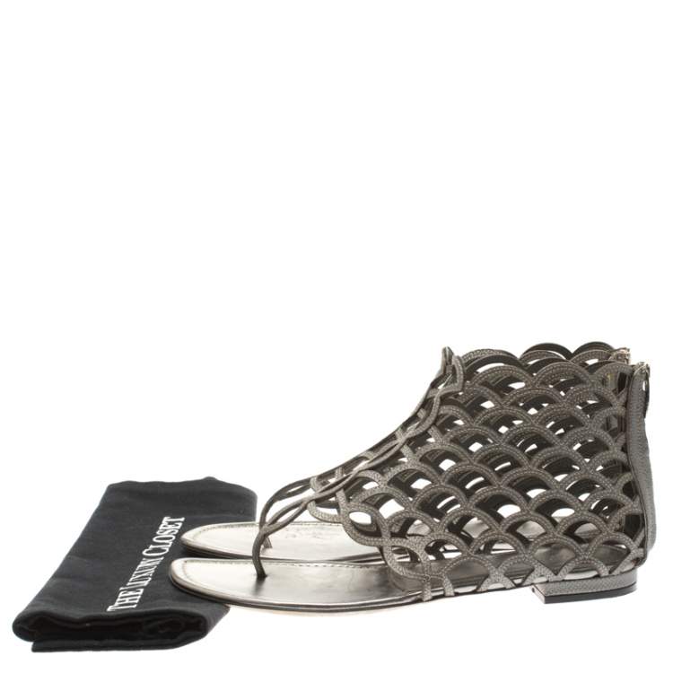 Pre Owned Sergio Rossi Metallic Grey Leather Cut Out Scalloped Flat Sandals Size 39.5