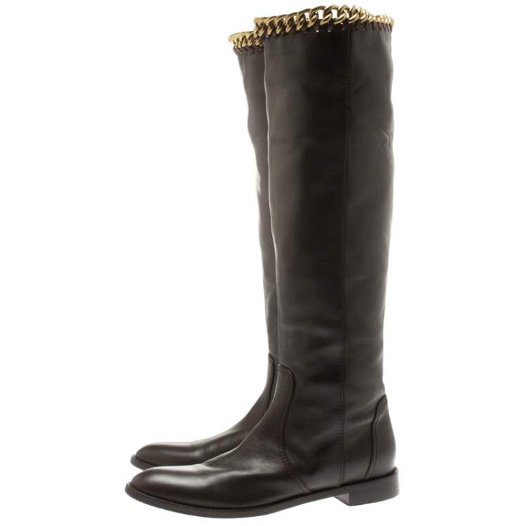 Pre Owned Sergio Rossi Brown Leather Chain Trim Knee Length Boots Size 40.5