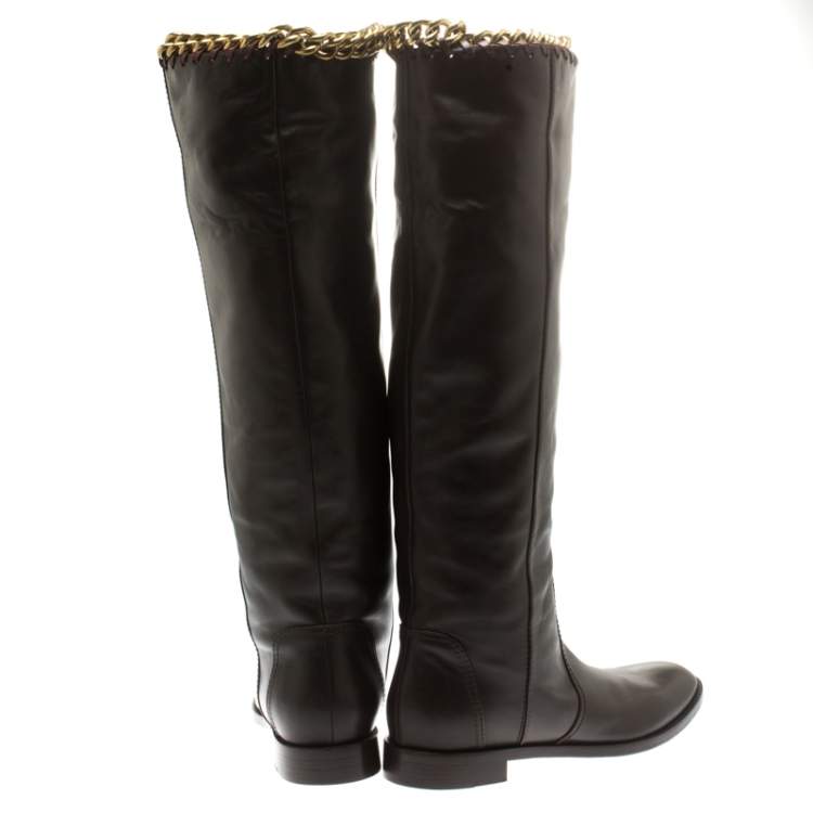 Pre Owned Sergio Rossi Brown Leather Chain Trim Knee Length Boots Size 40.5