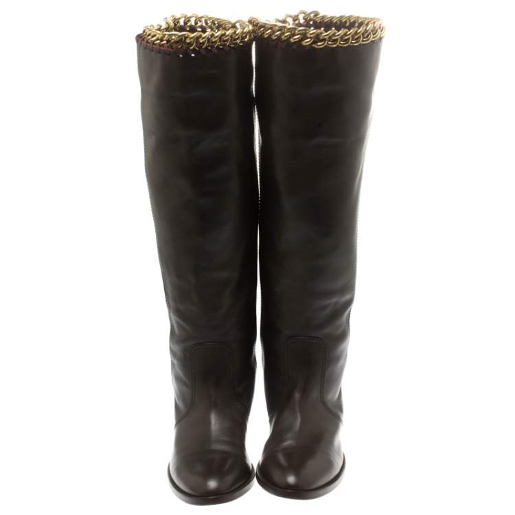 Pre Owned Sergio Rossi Brown Leather Chain Trim Knee Length Boots Size 40.5