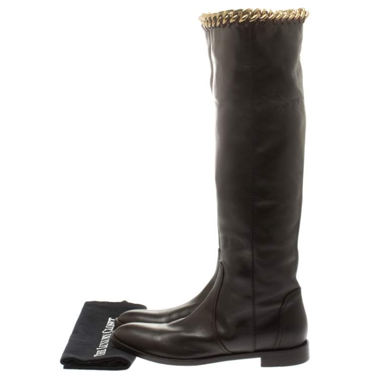 Pre Owned Sergio Rossi Brown Leather Chain Trim Knee Length Boots Size 40.5