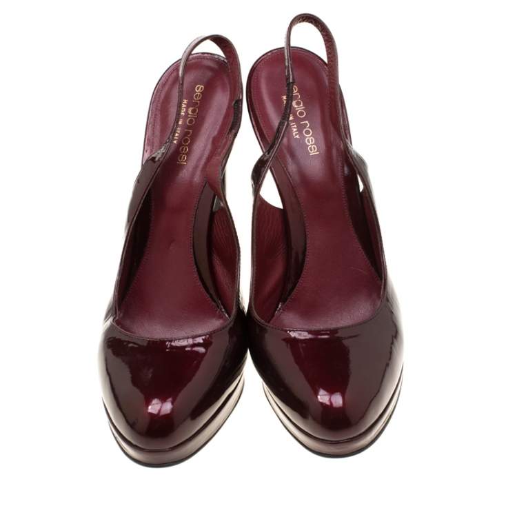 مملوكة مسبقًا Sergio Rossi Burgundy Patent Leather Slingback Platform Pumps Size 39.5