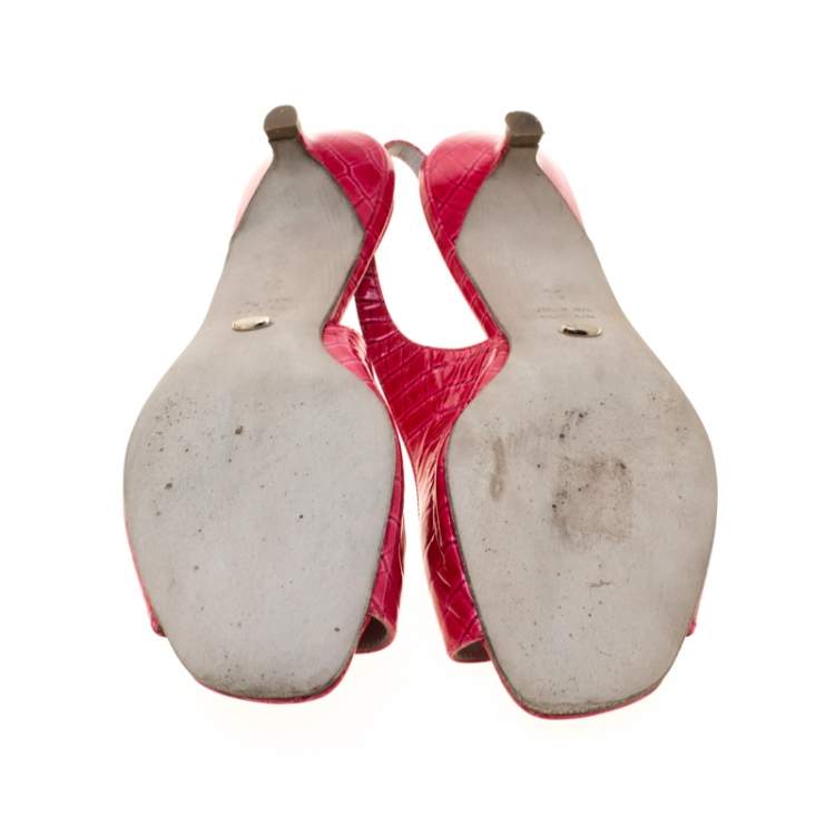 Pre Owned Sergio Rossi Red Croc Embossed Leather Slingback Open Toe Sandals Size 38