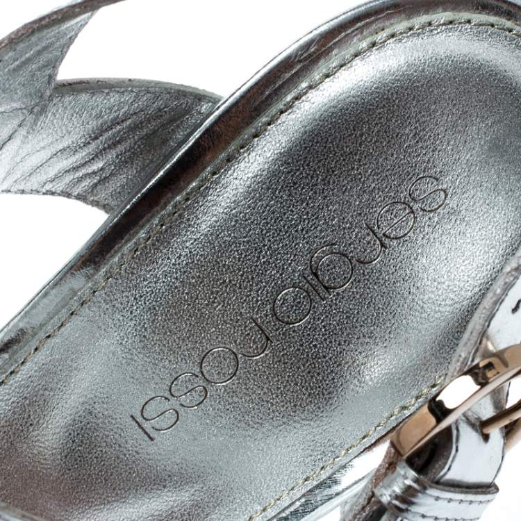 Pre Owned Sergio Rossi Metallic Silver Open Toe Ankle Strap Sandals Size 37
