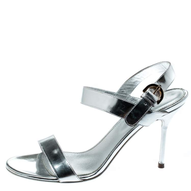 Pre Owned Sergio Rossi Metallic Silver Open Toe Ankle Strap Sandals Size 37