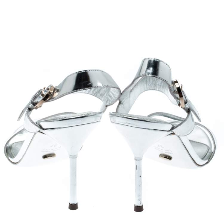 Pre Owned Sergio Rossi Metallic Silver Open Toe Ankle Strap Sandals Size 37