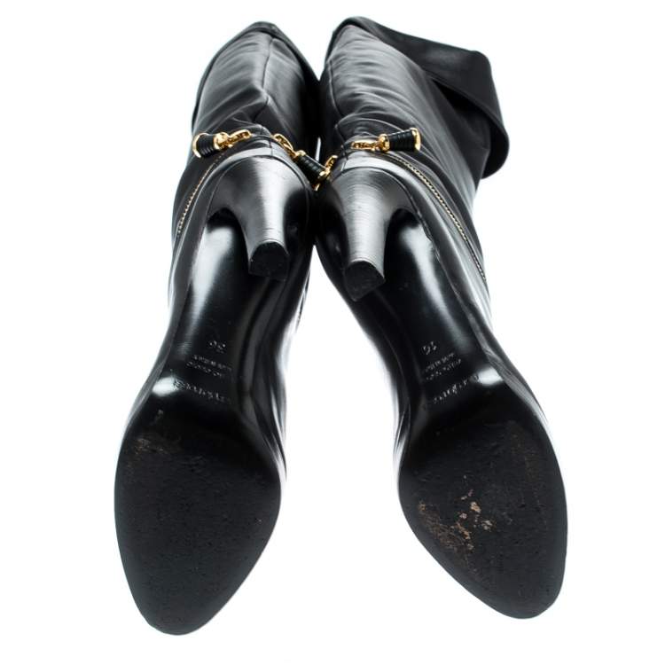 Pre Owned Sergio Rossi Black Leather Faux Zipper Detail Knee Length Boots Size 36