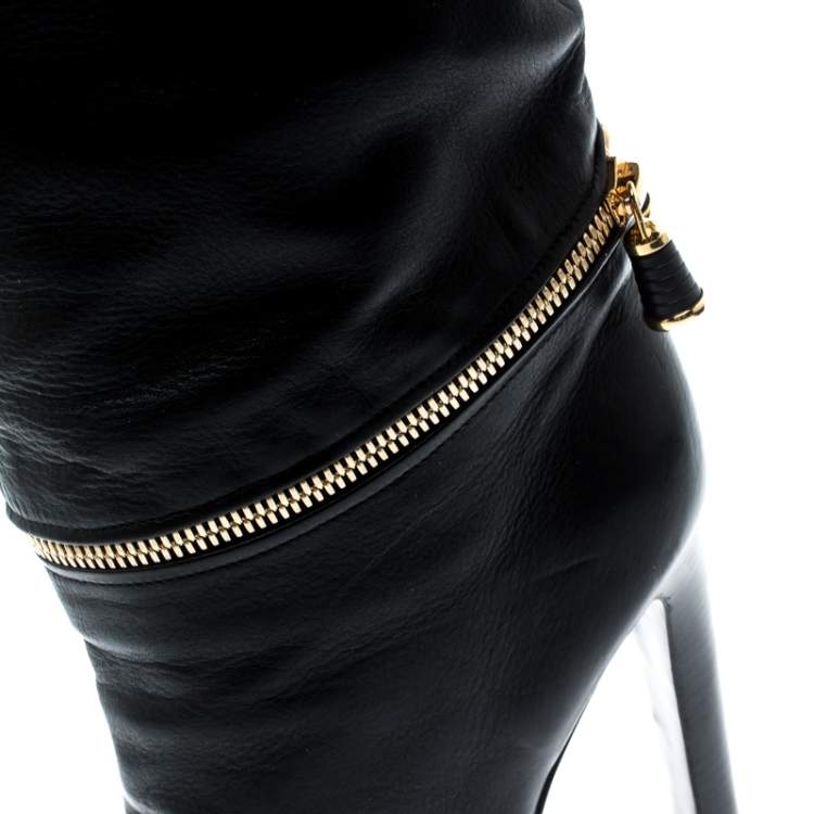 Pre Owned Sergio Rossi Black Leather Faux Zipper Detail Knee Length Boots Size 36