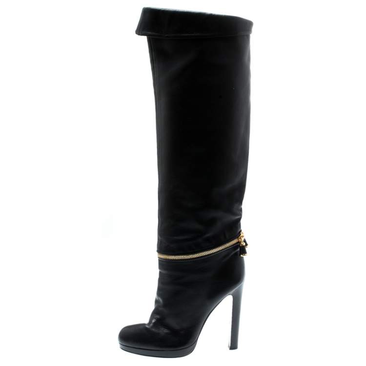 Pre Owned Sergio Rossi Black Leather Faux Zipper Detail Knee Length Boots Size 36