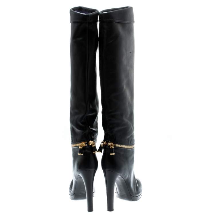 Pre Owned Sergio Rossi Black Leather Faux Zipper Detail Knee Length Boots Size 36