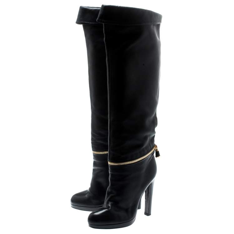 Pre Owned Sergio Rossi Black Leather Faux Zipper Detail Knee Length Boots Size 36
