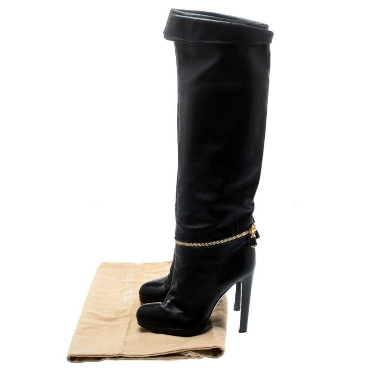 Pre Owned Sergio Rossi Black Leather Faux Zipper Detail Knee Length Boots Size 36