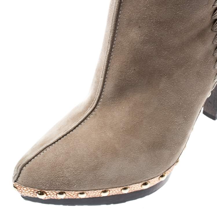 Pre Owned Sergio Rossi Beige Suede And Metallic Bronze Lizard Embossed Leather Studded Platform Knee Length Boots Size 37.5