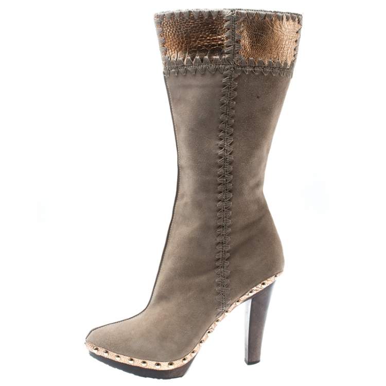 Pre Owned Sergio Rossi Beige Suede And Metallic Bronze Lizard Embossed Leather Studded Platform Knee Length Boots Size 37.5