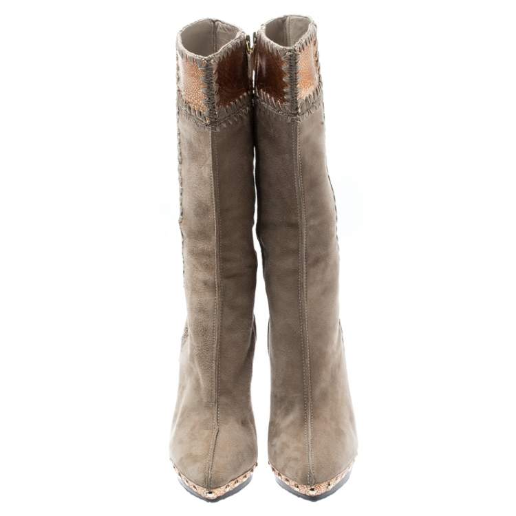 Pre Owned Sergio Rossi Beige Suede And Metallic Bronze Lizard Embossed Leather Studded Platform Knee Length Boots Size 37.5
