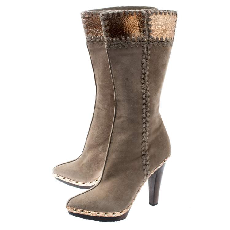 Pre Owned Sergio Rossi Beige Suede And Metallic Bronze Lizard Embossed Leather Studded Platform Knee Length Boots Size 37.5