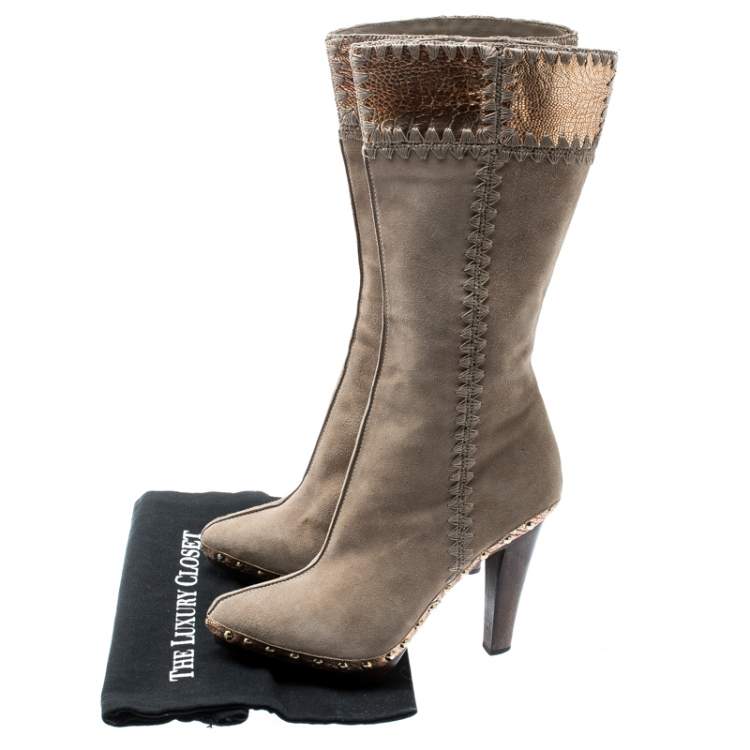Pre Owned Sergio Rossi Beige Suede And Metallic Bronze Lizard Embossed Leather Studded Platform Knee Length Boots Size 37.5