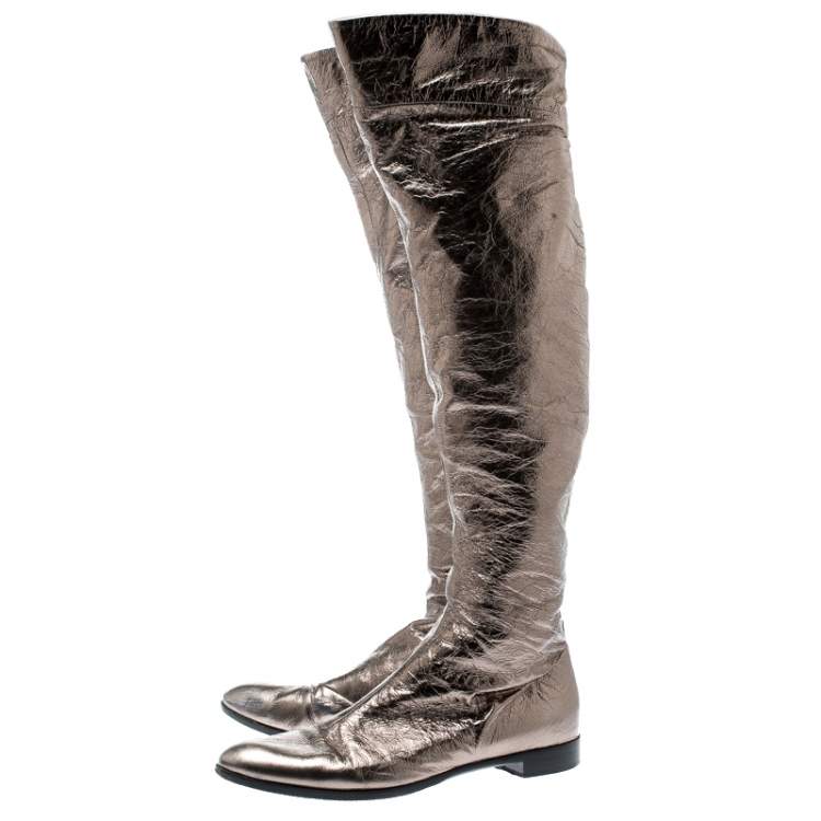 Pre Owned Sergio Rossi Metallic Grey Leather Knee Length Boots Size 39