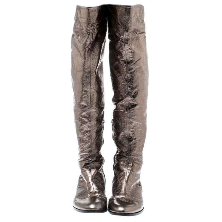 Pre Owned Sergio Rossi Metallic Grey Leather Knee Length Boots Size 39