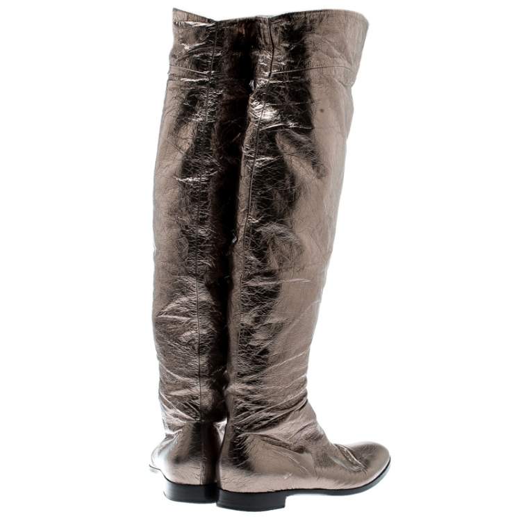 Pre Owned Sergio Rossi Metallic Grey Leather Knee Length Boots Size 39