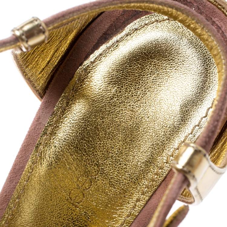 مملوكة مسبقًا Sergio Rossi Metallic Gold Leather And Beige Suede Cut Out Ankle Strap Wedge Sandals Size 37