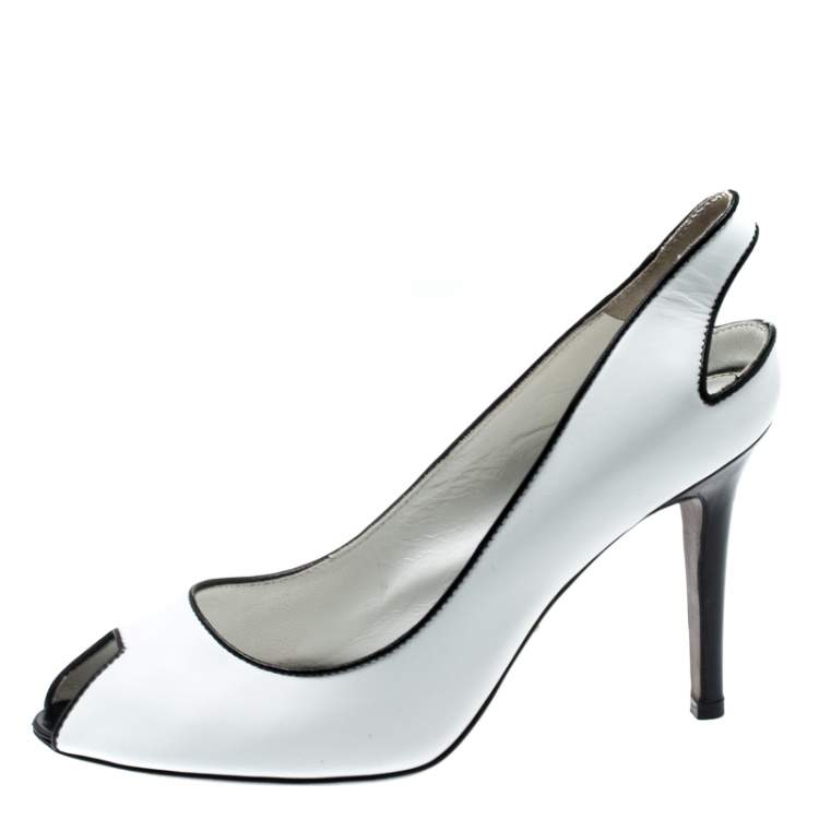 مملوكة مسبقًا Sergio Rossi Monochrome Leather Peep Toe Slingback Sandals Size 38