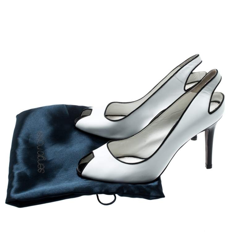 مملوكة مسبقًا Sergio Rossi Monochrome Leather Peep Toe Slingback Sandals Size 38