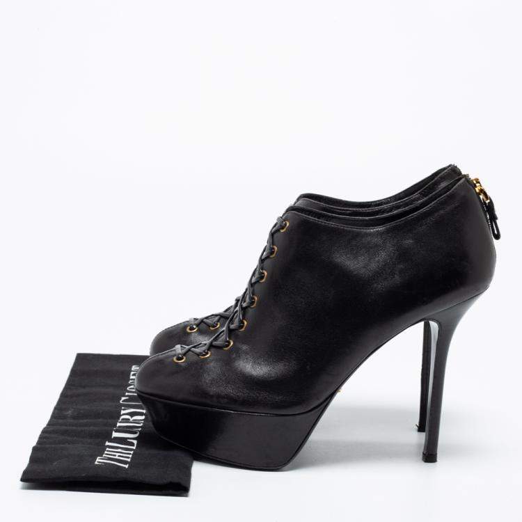Pre Owned Sergio Rossi Black Leather Lace-Up Platform Booties Size 37