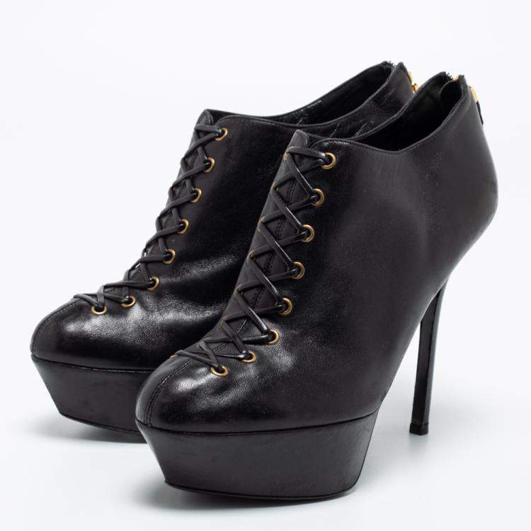 Pre Owned Sergio Rossi Black Leather Lace-Up Platform Booties Size 37