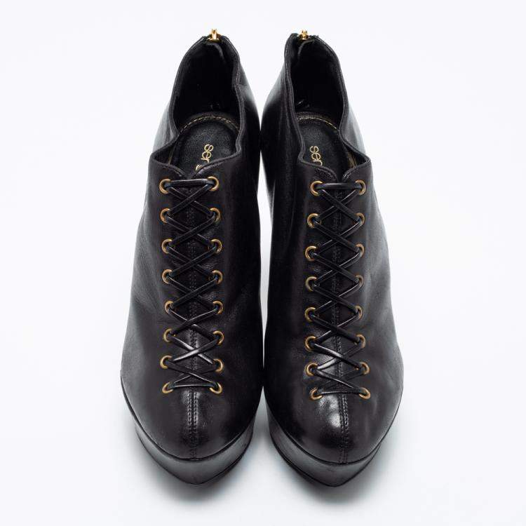 Pre Owned Sergio Rossi Black Leather Lace-Up Platform Booties Size 37